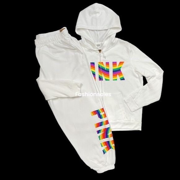 Victorias Secret Pink Perfect Hoodie Full Zip XL & Campus Pants Rainbow Logo XXL - Picture 1 of 10